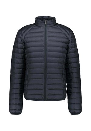 Doudoune marine avec col montant, design matelassé, fermeture éclair sur le devant et poignets élastiques ; tissu léger à texture lisse.