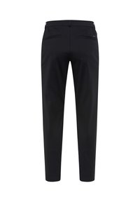 Schwarze Hosen mit schmalem Schnitt, aus glattem Stoff gefertigt. Verfügt über zwei Gesäßtaschen und einen mittelhohen Bund. Minimalistisches Design, ohne sichtbare Muster.