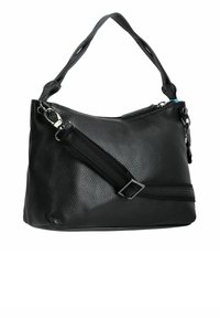 Bolso de mano de cuero negro con un acabado texturizado, que presenta una correa ajustable, cierre de cremallera y acentos de hardware plateado.