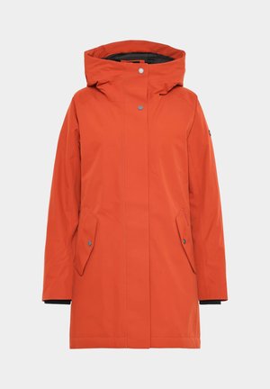Orange vattentät parka med huva, två sidofickor och tryckknappsstängning. Har rena linjer och en slät, texturerad finish.