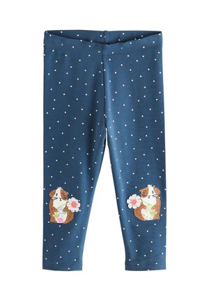 Blauwe legging van zachte stof, met kleine witte stippen en twee geborduurde cavia-ontwerpen met bloemen op de onderbenen.