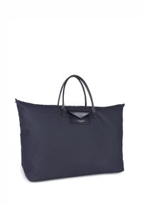 Borsa a tracolla in nylon blu con manici in pelle liscia e una tasca frontale con chiusura magnetica. Forma rettangolare e spaziosa.