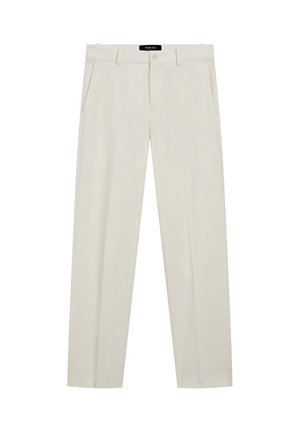 Světlé krémové, na míru šité kalhoty z měkké tkaniny, s dvěma bočními kapsami, zipovým zapínáním a knoflíkem. Rovný střih nohavic.