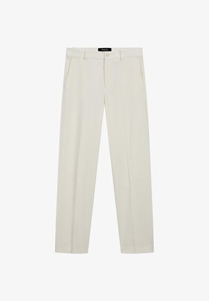 Světlé krémové, na míru šité kalhoty z měkké tkaniny, s dvěma bočními kapsami, zipovým zapínáním a knoflíkem. Rovný střih nohavic.