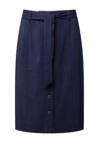 Gonna blu navy, a metà coscia, con una cintura a nodo in vita, bottoni decorativi davanti, realizzata in tessuto testurizzato.