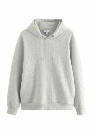 Sudadera gris de canalé con cuello en V, cordones ajustables y mangas largas. Cuenta con una textura suave y un corte relajado.