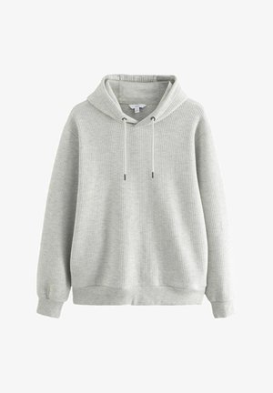 Grå ribbet hættetrøje med V-hals, justerbare snore og lange ærmer. Har en blød tekstur og en afslappet pasform.