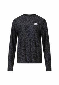 Langarmshirt in Schwarz mit strukturiertem Leopardenmuster, ausgestattet mit Rundhalsausschnitt und einem kleinen Logo-Tag auf der Vorderseite. Weicher Stoff.