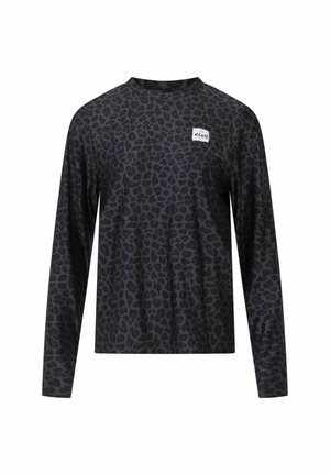 Chemise à manches longues noire avec un imprimé léopard texturé, présentant un col arrondi et une petite étiquette logo à l'avant. Tissu doux.