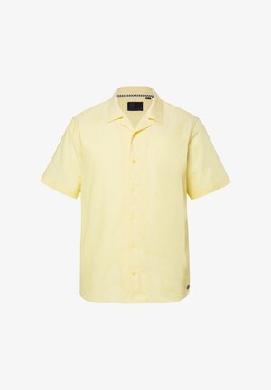 Lichtgele korte mouw blouse met knopen en een campkraag, met een klein merkembleem vlak bij de onderzoom.