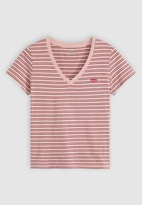 Rød og rosa stripete T-skjorte laget av myk bomull, med V-hals og korte ermer. Lite rødt Levi's-logo på venstre bryst.