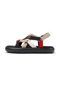 Black rubber sole sandal with multi-colored textile straps in beige, black, and red. Features adjustable straps for secure fit.