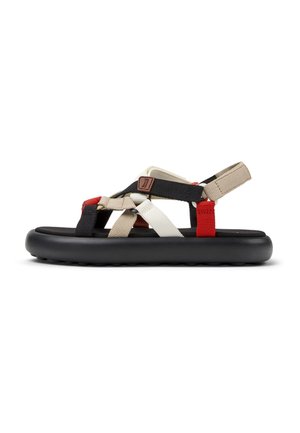 Black rubber sole sandal with multi-colored textile straps in beige, black, and red. Features adjustable straps for secure fit.