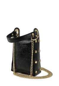 Black leather handbag with a structured shape, gold chain strap, and metal studs on the side, featuring a top handle for versatility.