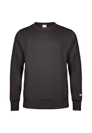 Schwarzes Sweatshirt mit langen Ärmeln und Rundhalsausschnitt, mit gerippten Bündchen und Saum, mit kleinem weißem Nike-Logo am linken Handgelenk.