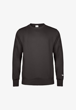 Czarna bluza z długim rękawem i okrągłym dekoltem, z prążkowaniem na mankietach i dole, z małym białym logo Nike na lewej części nadgarstka.