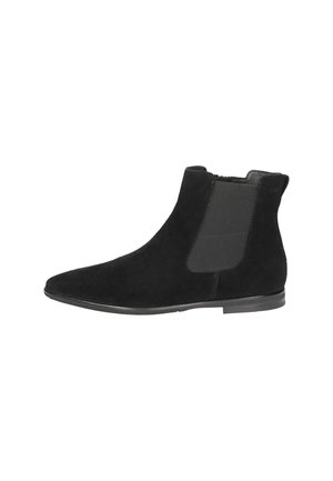 Black suede ankle boot with elastic side panel and flat sole, viewed from the outer side.