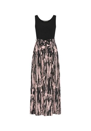 Rochie maxi cu un top negru ajustat și o fustă fluidă cu un model abstract în tonuri de negru și roz. Include o curea pentru talie.