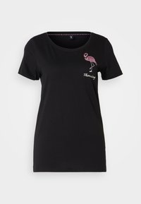 Svart T-shirt med kort ärm och rund halsringning, med en rosa paljettflamingo och texten "Flamazing" på övre vänstra bröstet.