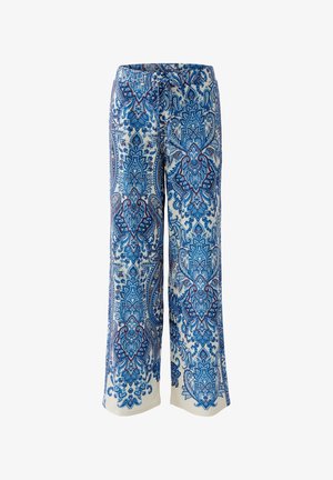 Pantalon à jambes larges avec motif floral cachemire complexe bleu et violet sur fond blanc, doté d'une taille à cordon de serrage.
