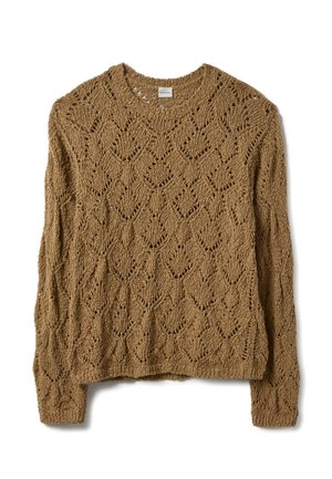 Gebreide trui in gestructureerd bruin garen met een opengewerkt bladmotief, een afgeronde halslijn en lange mouwen, met een cropped zoom.