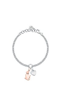 Bracciale in argento con catena, caratterizzato da un charm a forma di gatto in oro rosa e un charm a forma di cuore in argento, con una finitura lucida e una chiusura sicura.