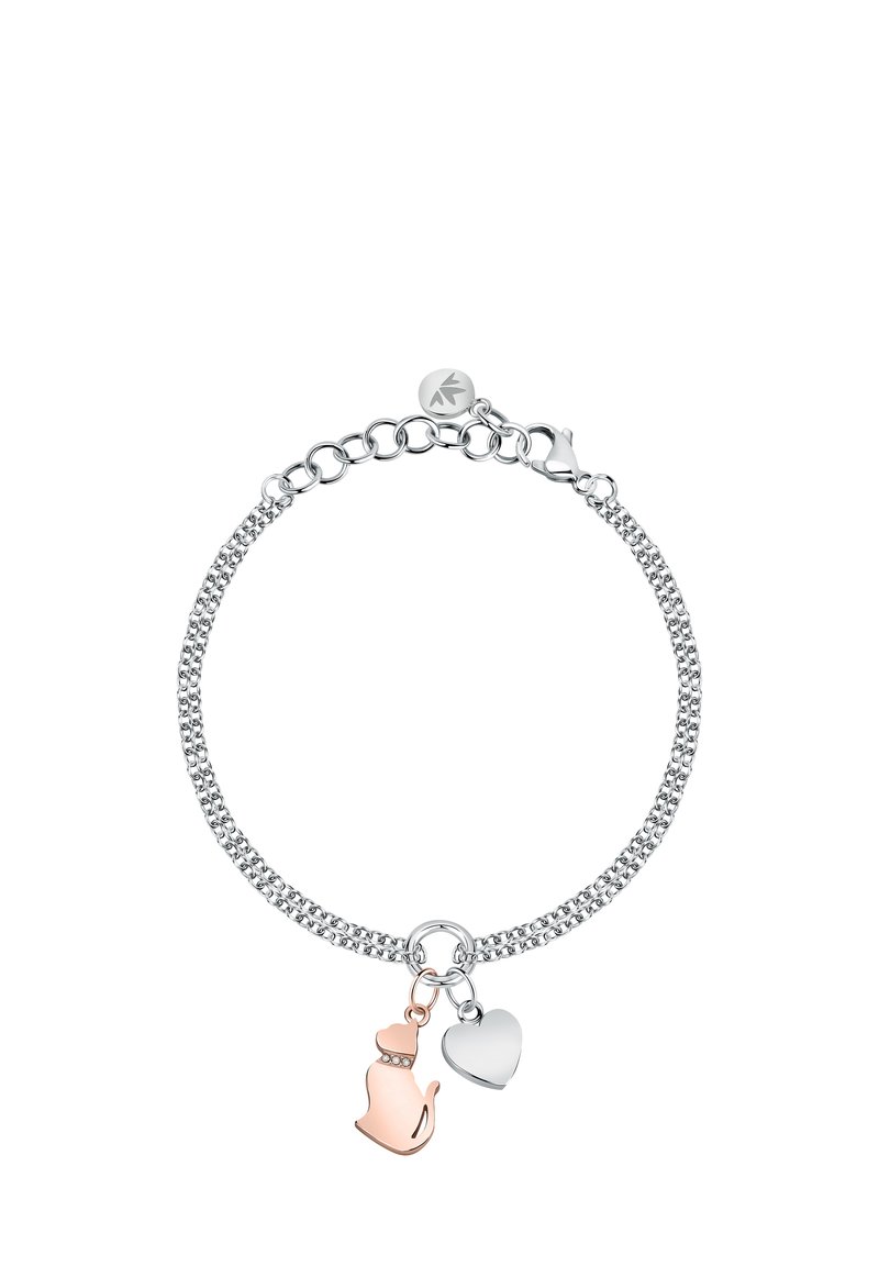 Bracciale in argento con catena, caratterizzato da un charm a forma di gatto in oro rosa e un charm a forma di cuore in argento, con una finitura lucida e una chiusura sicura.