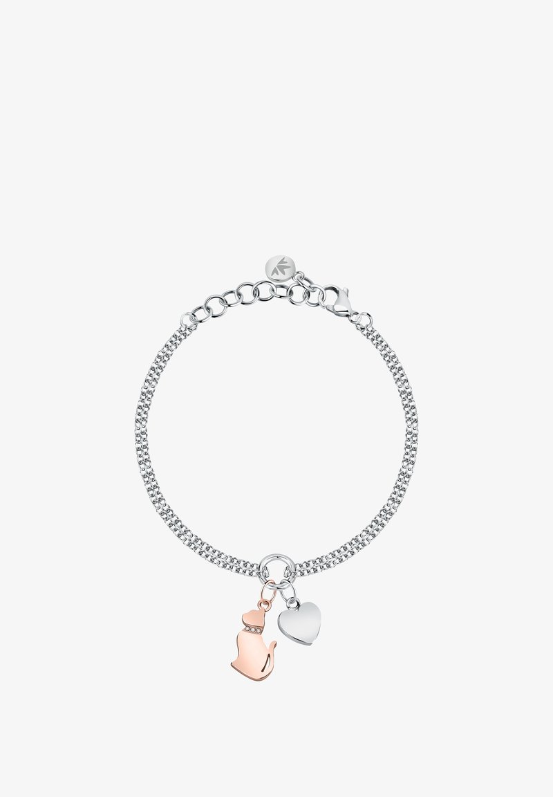 Bracciale in argento con catena, caratterizzato da un charm a forma di gatto in oro rosa e un charm a forma di cuore in argento, con una finitura lucida e una chiusura sicura.