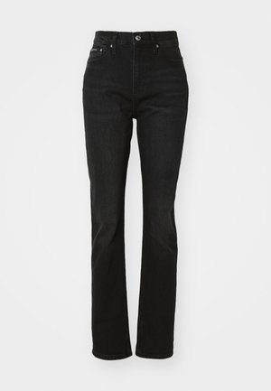 Jeans negri cu talie înaltă, cu design drept, realizati din denim. Prezintă un stil clasic cu cinci buzunare și închidere cu buton de culoare argintie.