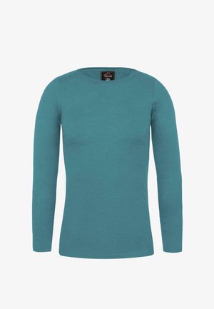 Langärmliges türkisfarbenes Shirt aus weichem Material, mit einem runden Halsausschnitt und slim fit Design sowie dezentem Branding am Saum.