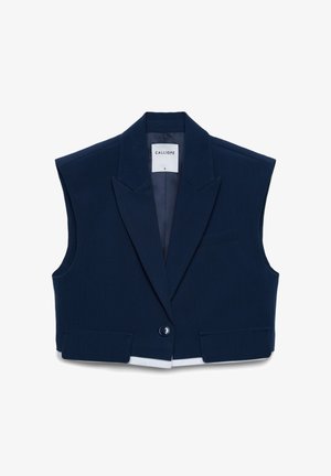 Marineblaues ärmelloses Weste mit einem scharfen Kragen, Ein-Knopf-Verschluss und Vordertasche. Hergestellt aus glattem Stoff mit tailliertem Schnitt.