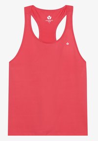 Punane tank top, millel on võidusõitja seljaosa disain ja mis on valmistatud siledast kangast. Esiküljel on väike logo ja servad on õmmeldud vastupidavuse tagamiseks.