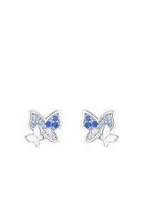 Orecchini a forma di farfalla in argento sterling con embellishments in cristallo blu e trasparente, caratterizzati da un design delicato e una finitura lucida.