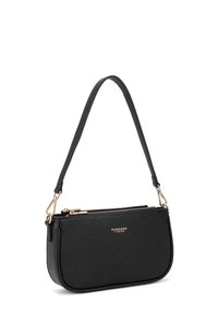 Borsa a tracolla nera in faux leather con una texture liscia, dettagli in metallo dorato, tracolla removibile e scomparto principale con zip.