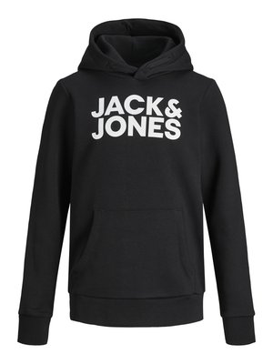 Black hoodie with front pocket, featuring large white "JACK & JONES" logo. Constructed from soft fabric, includes a drawstring hood and ribbed cuffs.