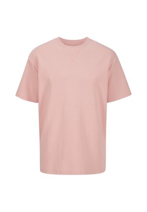 Hellrosa T-Shirt mit kurzen Ärmeln und Rundhalsausschnitt mit sichtbarer Naht unter dem Kragen, auf weißem Hintergrund dargestellt.