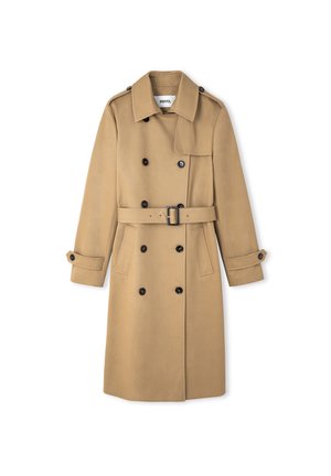 Trench coat beige doppiopetto con bottoni neri, vita con cintura, spalline con alamari e cinturini ai polsi, disteso su sfondo bianco.