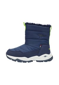 Marineblaue isolierte Stiefel mit einem weichen Innenfutter, weißer Gummisohle, grünen Akzenten und einem Känguru-Logo an der Seite. Verfügt über ein gepolstertes Design.
