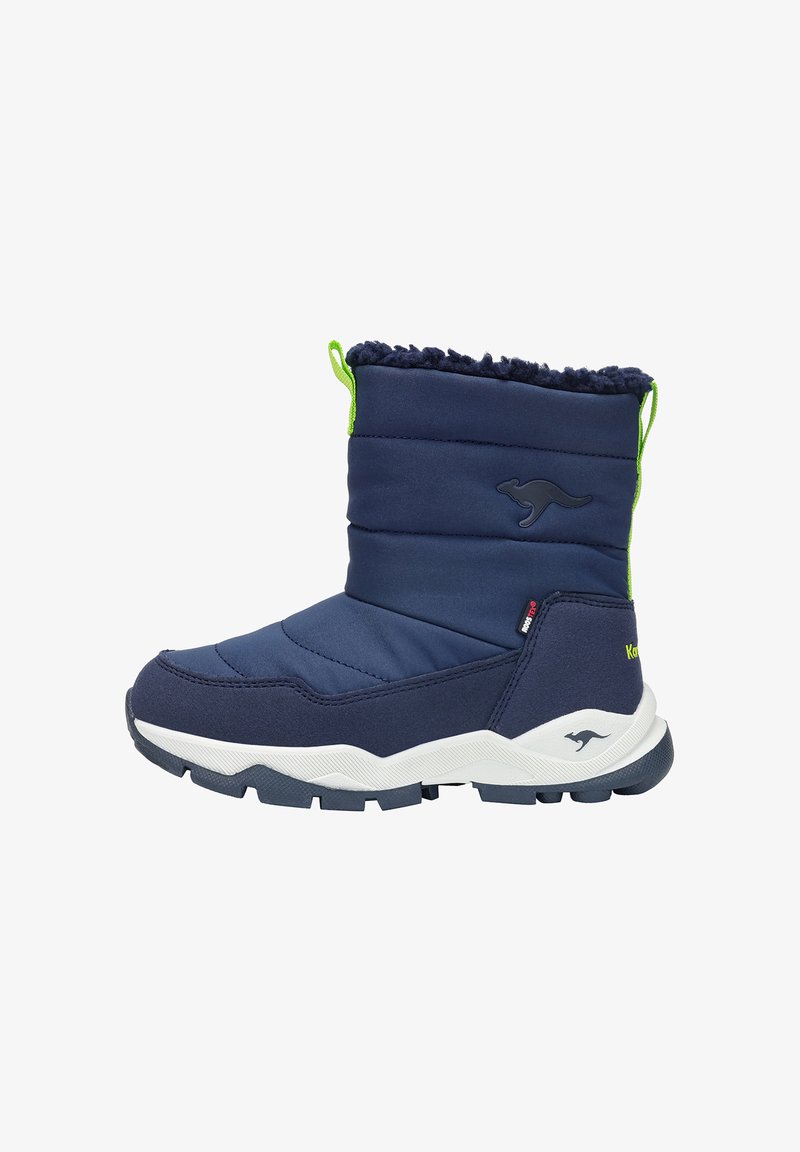 Marineblaue isolierte Stiefel mit einem weichen Innenfutter, weißer Gummisohle, grünen Akzenten und einem Känguru-Logo an der Seite. Verfügt über ein gepolstertes Design.