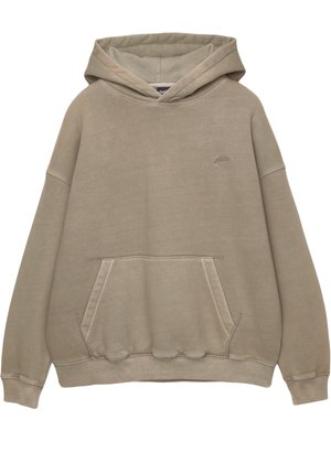 Felpa con cappuccio beige, dotata di tasca a marsupio, polsini e orlo a costine, e un logo discreto sul petto, realizzata in morbido tessuto testurizzato.