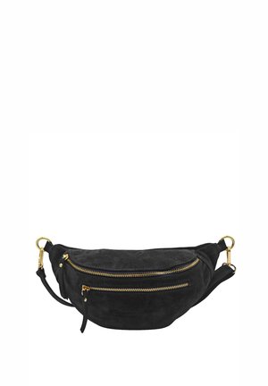 Sac banane en daim noir avec deux zips sur le devant, quincaillerie dorée, design courbé et bandoulière réglable. La texture douce améliore l'ergonomie.