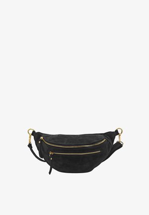 Sac banane en daim noir avec deux zips sur le devant, quincaillerie dorée, design courbé et bandoulière réglable. La texture douce améliore l'ergonomie.