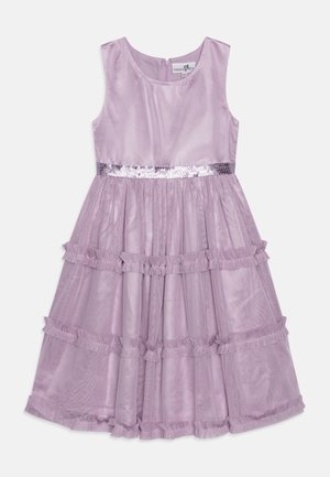 Ärmelloses fliederfarbenes Mädchenkleid mit Paillettenbund und mehrlagigem, gerafftem Tüllrock, Reißverschluss hinten.