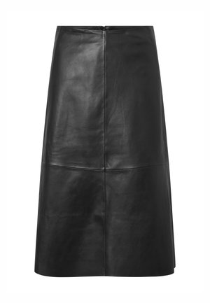 Black leather midi skirt with a smooth texture, flared silhouette, and central seam detail. Fastens at the back with a discreet zipper.