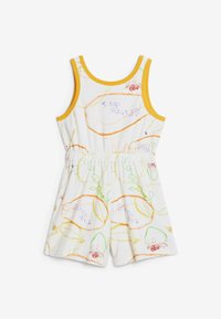 Vit, ärml�ös jumpsuit med gul trim. Har abstrakta blommönster och cirkulära mönster i orange, grön och lila. Elastisk midja.