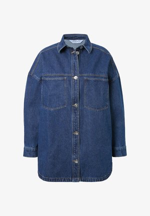 Dunkelblaue Denim-Übershirtjacke mit zwei Brusttaschen, durchgehender Knopfleiste und klassischem Kragen. Abgerundet mit Doppelnähten.