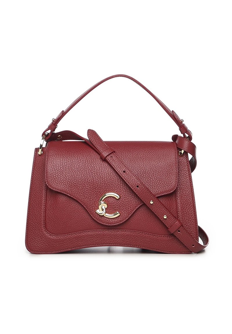 Borsa a mano in pelle rossa dal design strutturato con logo in metallo dorato. Presenta una maniglia superiore e una tracolla rimovibile e regolabile.