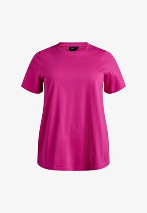 Magenta t-shirt z krótkim rękawem, wykonany z gładkiej bawełny, z okrągłym dekoltem i luźnym krojem, w jednolitym kolorze bez widocznych wzorów.