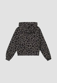 Gekropt hoodie van zacht grijs materiaal met een zwart luipaardprint. Het heeft een trekkoordkap, ribgebreide manchetten en een ribgebreide onderkant.
