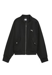 Blouson noir en tissu léger, avec fermeture éclair à l'avant, poignets côtelés, deux poches latérales et un petit logo blanc.